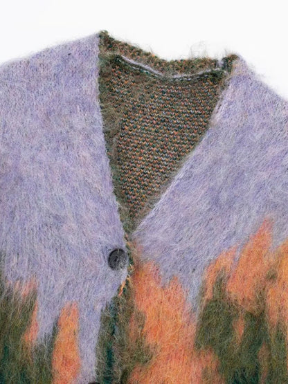 Cardigan tricoté à manches longues et col en v pour femme, motif paysage 