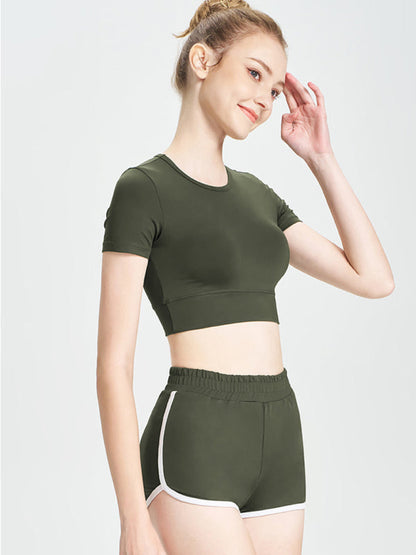 Green short T-shirt sports casual shorts side profile