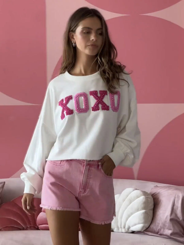 Sweat-shirt ample décontracté XOXO cœur brodé pour femme 