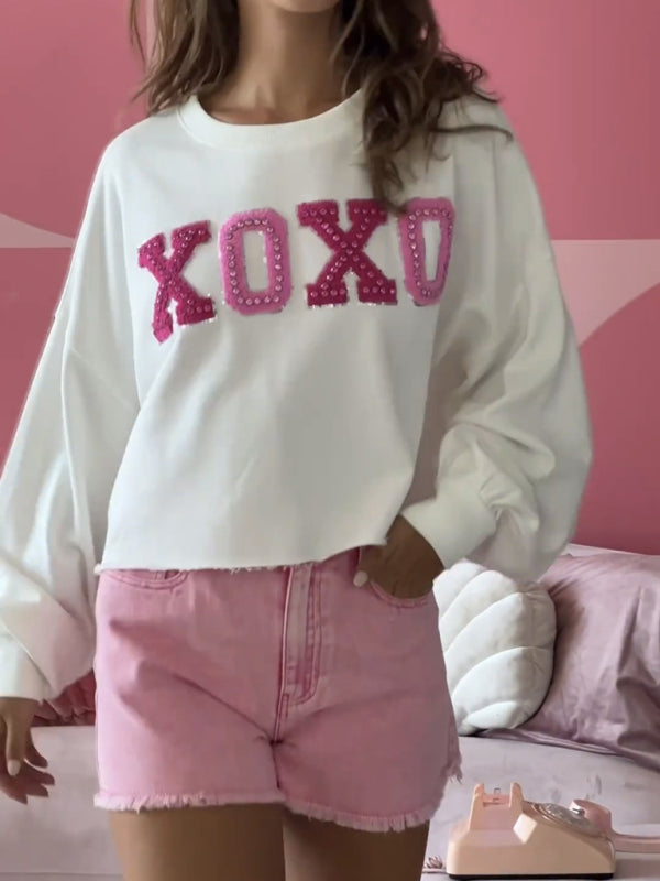 Sweat-shirt ample décontracté XOXO cœur brodé pour femme 