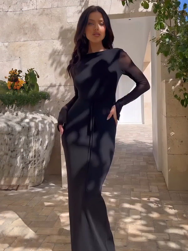 Neuer Stil, hohles Netz, lange Ärmel und tiefer V-Ausschnitt mit Kleid 