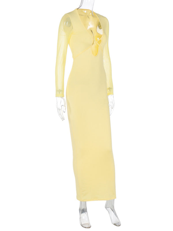 Neuer Stil, hohles Netz, lange Ärmel und tiefer V-Ausschnitt mit Kleid 