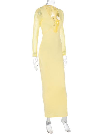 Neuer Stil, hohles Netz, lange Ärmel und tiefer V-Ausschnitt mit Kleid 