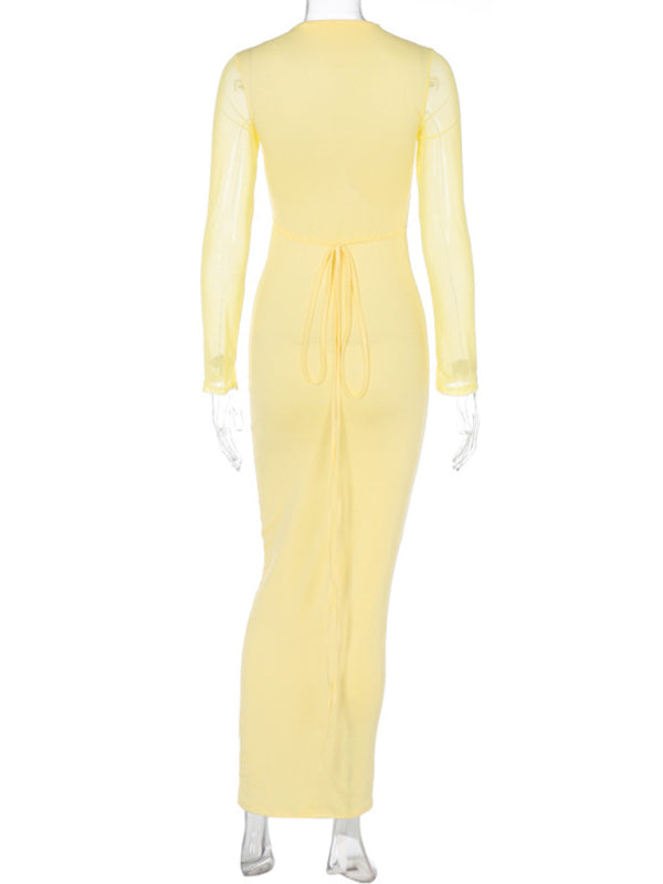Neuer Stil, hohles Netz, lange Ärmel und tiefer V-Ausschnitt mit Kleid 