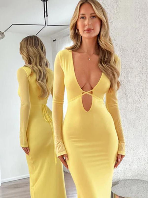 Neuer Stil, hohles Netz, lange Ärmel und tiefer V-Ausschnitt mit Kleid 