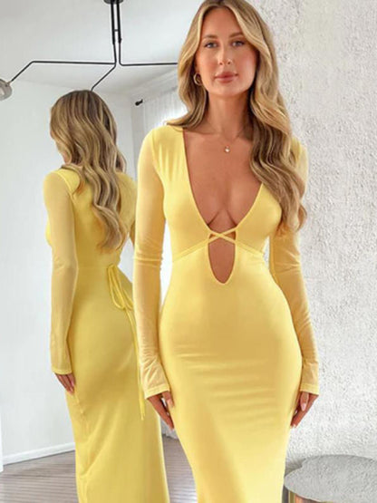 Neuer Stil, hohles Netz, lange Ärmel und tiefer V-Ausschnitt mit Kleid 
