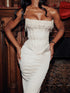 Elegant off-shoulder pearl fishbone slit dress front view