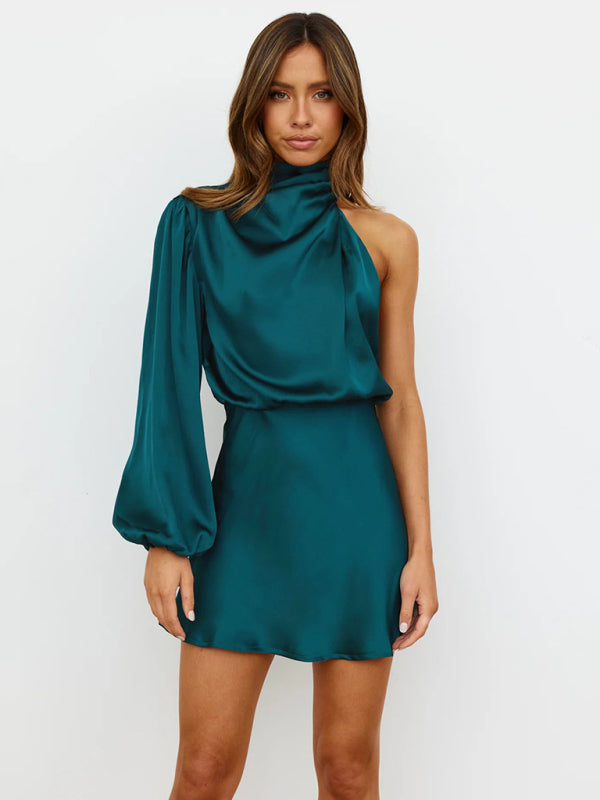 New long-sleeved one-shoulder off-shoulder waist dress