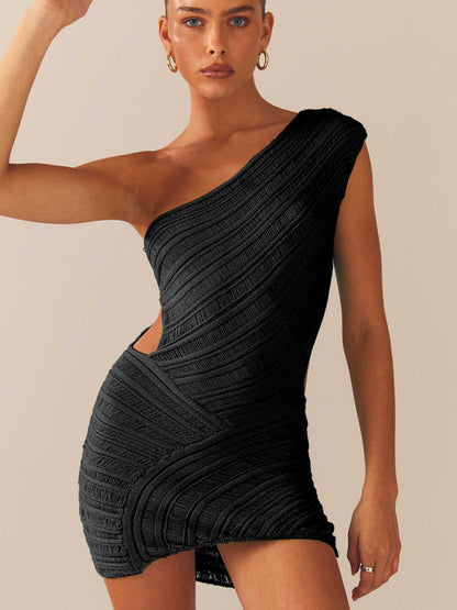 Hohl sexy engen kurzen rock mit ausgehöhlten taille und one-schulter patchwork kleid 