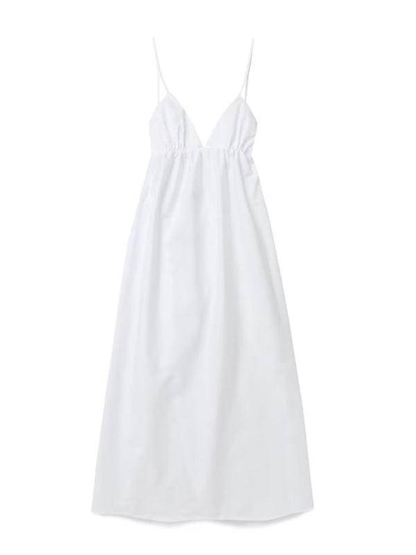 Strap V-neck solid color versatile backless long dress