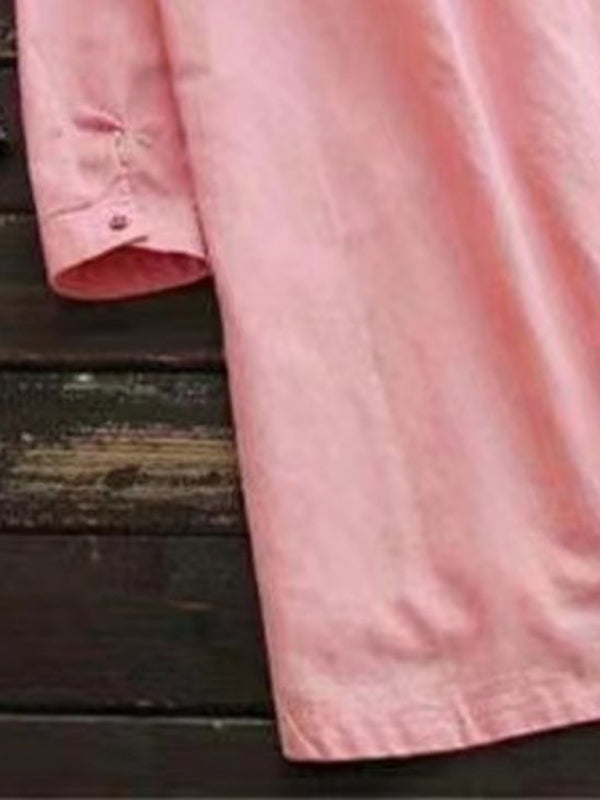 Nouvelle couleur unie col Henley bouton ouvert à manches longues Style chemise robe Midi