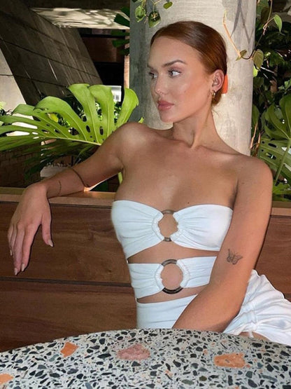 Robe bustier tubulaire sexy, asymétrique épaule dénudée, ajourée, fente haute, nouvelle collection 