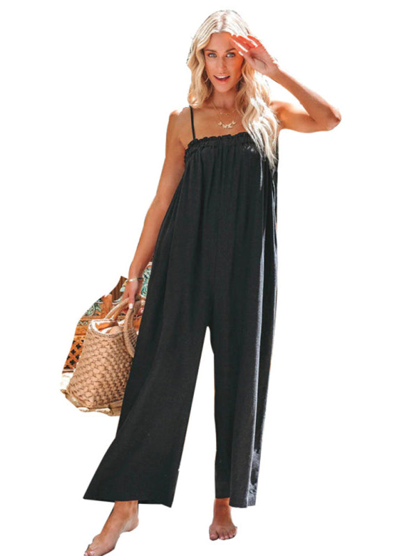 Black high-waisted wide-leg suspender jumpsuit front view