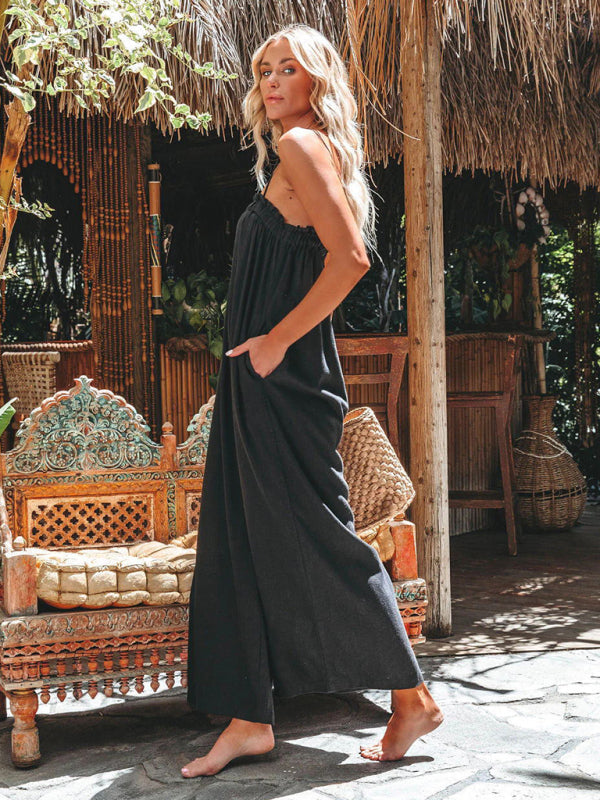Black high-waisted wide-leg suspender jumpsuit side view