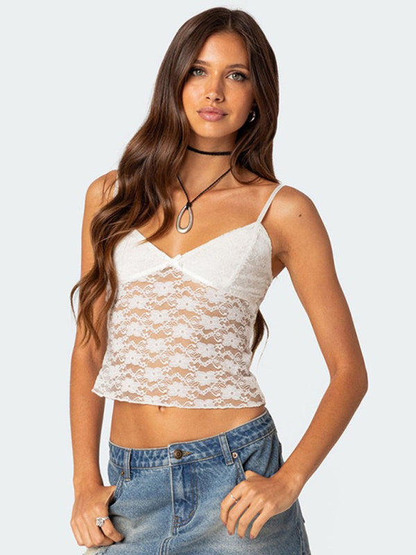 V-neck halter chest bow vest slim see-through sexy backless top