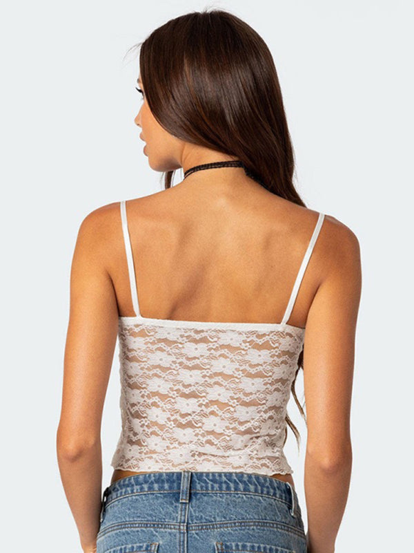 V-neck halter chest bow vest slim see-through sexy backless top