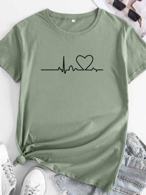 Neues lässiges Kurzarm-T-Shirt für Damen mit Liebesmuster 