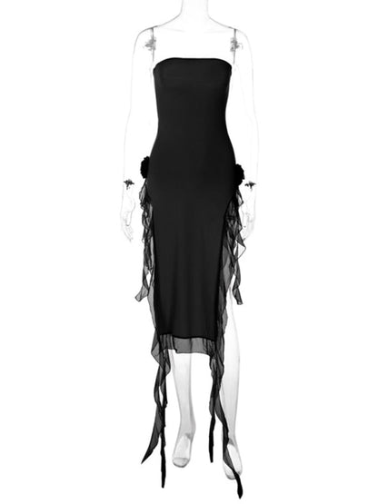 Robe sexy en dentelle épissée pour femmes, style sexy, enveloppée de poitrine, fente pour les jambes exposées 