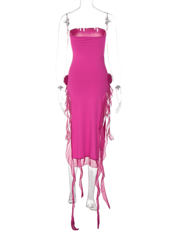 Robe sexy en dentelle épissée pour femmes, style sexy, enveloppée de poitrine, fente pour les jambes exposées 