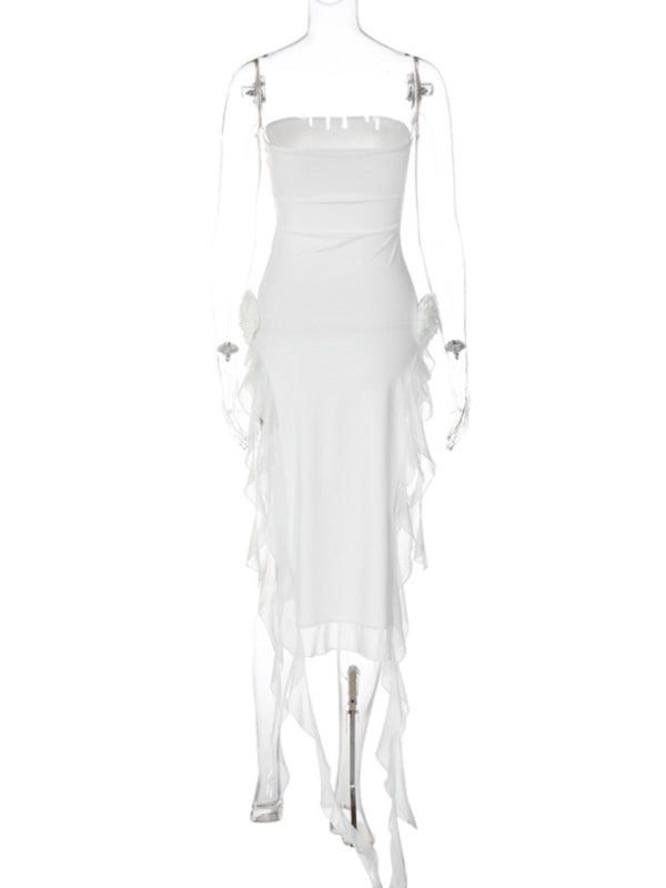 Robe sexy en dentelle épissée pour femmes, style sexy, enveloppée de poitrine, fente pour les jambes exposées 