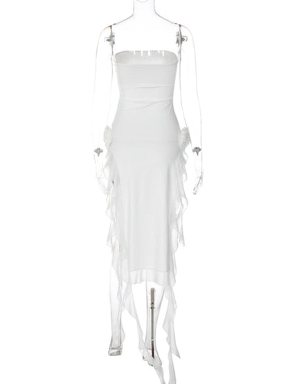 Robe sexy en dentelle épissée pour femmes, style sexy, enveloppée de poitrine, fente pour les jambes exposées 