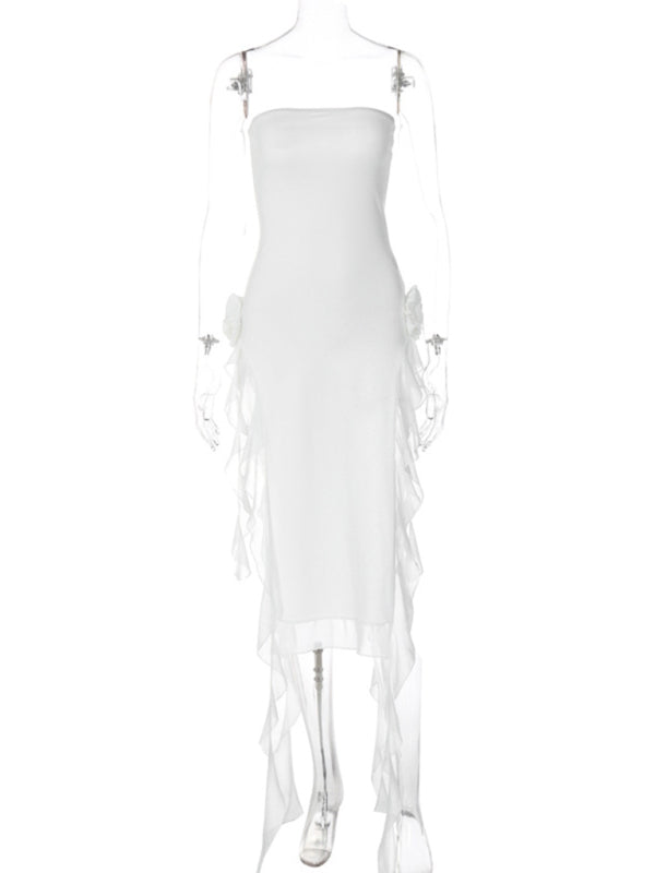 Robe sexy en dentelle épissée pour femmes, style sexy, enveloppée de poitrine, fente pour les jambes exposées 