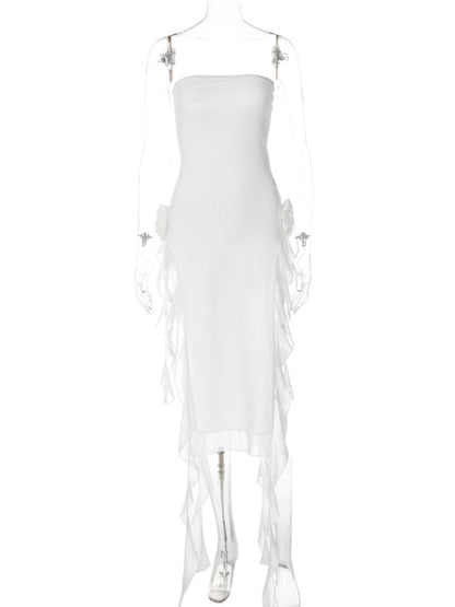 Robe sexy en dentelle épissée pour femmes, style sexy, enveloppée de poitrine, fente pour les jambes exposées 