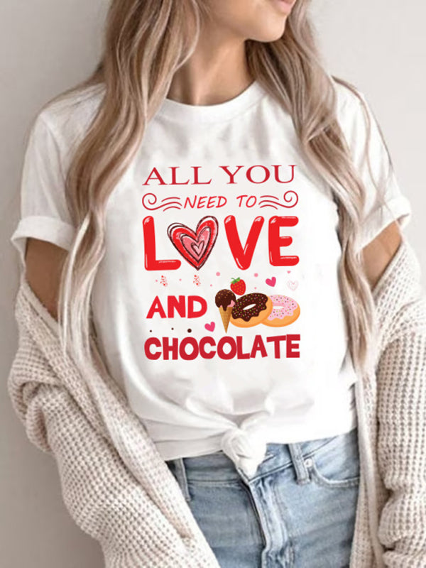 Neues bedrucktes T-Shirt mit Rundhalsausschnitt und kurzen Ärmeln für Damen zum Valentinstag 
