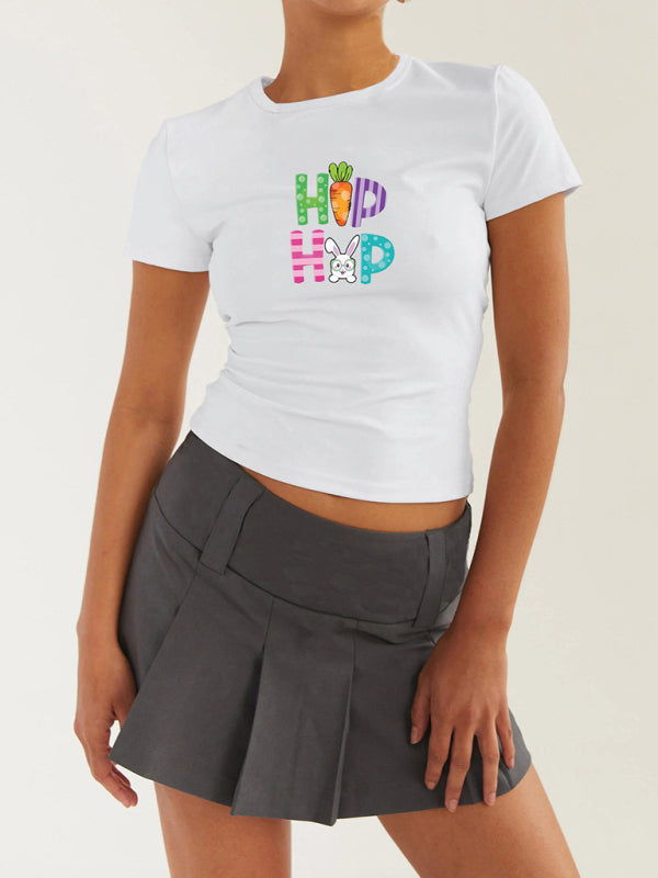 Neues T-Shirt für Damen mit Ostereier-Hasen-Aufdruck, Y2K-T-Shirt mit engem Oberteil und Aufdruck 