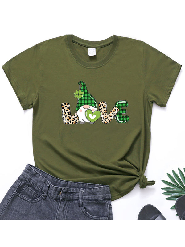 Neues kurzärmliges T-Shirt für Damen mit Leopardenmuster und Kleeblatt-Print zum St. Patrick&