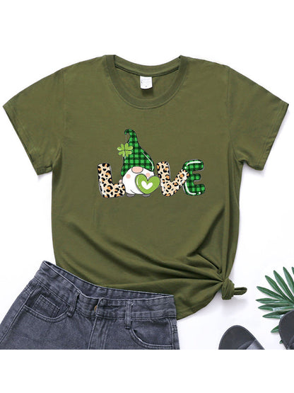 Neues kurzärmliges T-Shirt für Damen mit Leopardenmuster und Kleeblatt-Print zum St. Patrick&