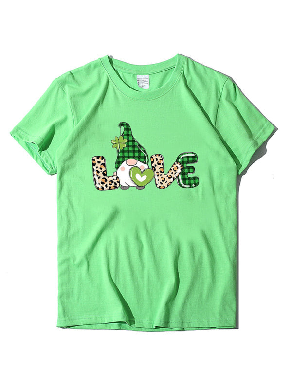 Neues kurzärmliges T-Shirt für Damen mit Leopardenmuster und Kleeblatt-Print zum St. Patrick&
