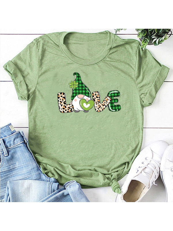 Neues kurzärmliges T-Shirt für Damen mit Leopardenmuster und Kleeblatt-Print zum St. Patrick&