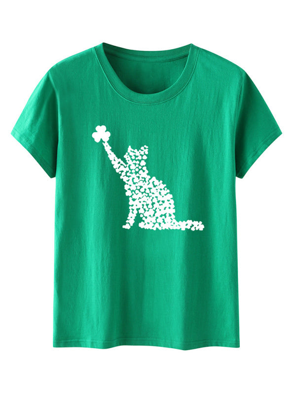 T-shirt à manches courtes pour femmes, imprimé trèfle de chat, nouvelle collection 