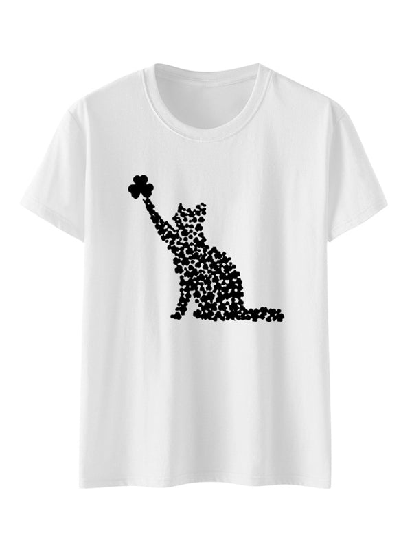T-shirt à manches courtes pour femmes, imprimé trèfle de chat, nouvelle collection 