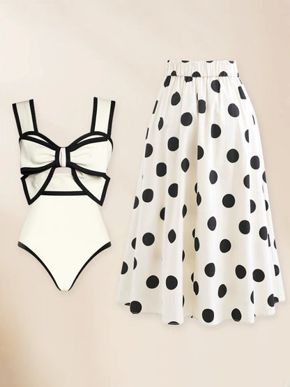 New fashionable vacation sexy bow one-piece swimsuit + polka dot print skirt (single piece)