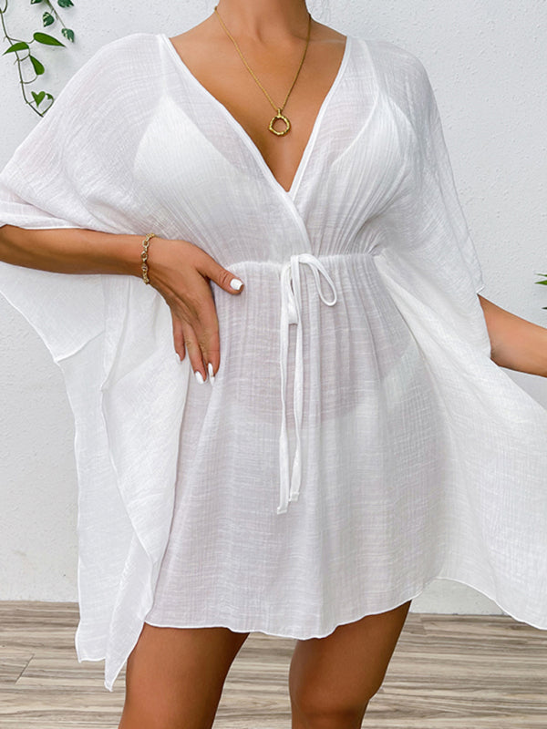 Drop shoulder loose beach cover-up solid color sun protection shirt waist tie bikini cover-up