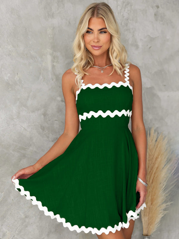 Green sexy suspender short dress with white trim