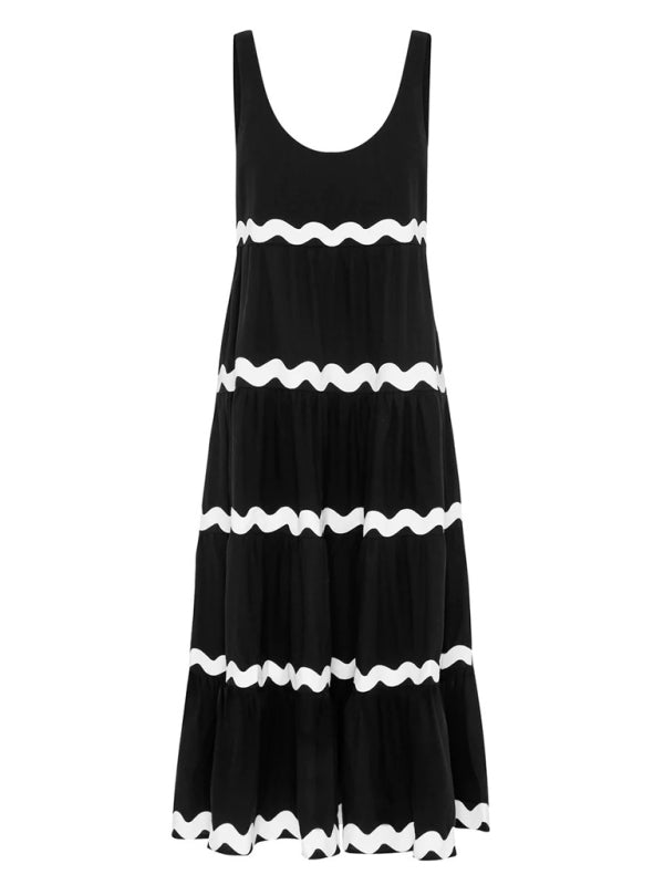 New simple u-shaped collar corrugated tube top solid color A-line suspender skirt