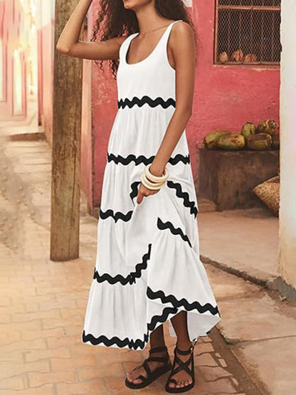 New simple u-shaped collar corrugated tube top solid color A-line suspender skirt
