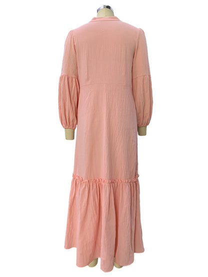 Back view of pink puff sleeve bohemian dress