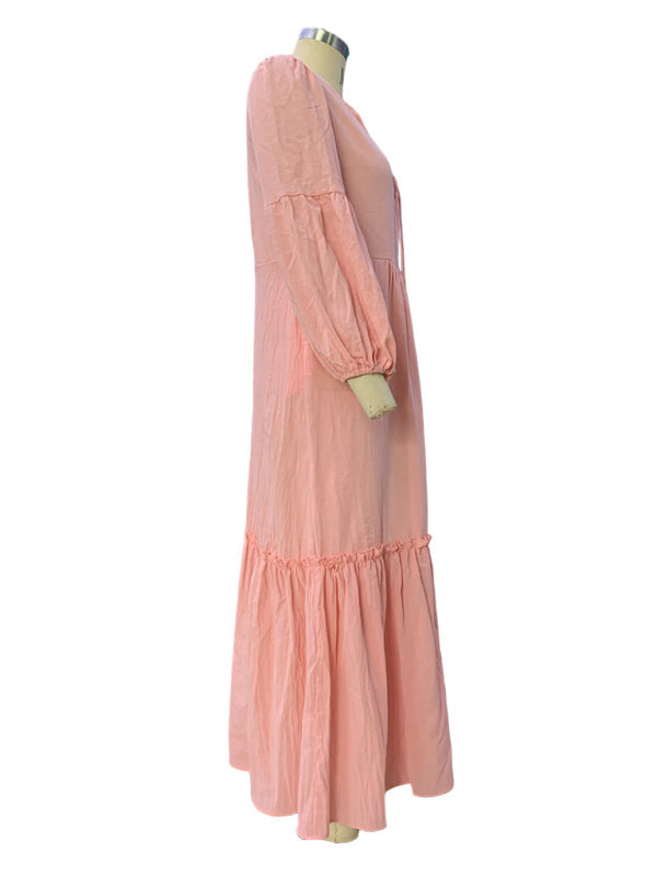 Side view of pink puff sleeve bohemian dress