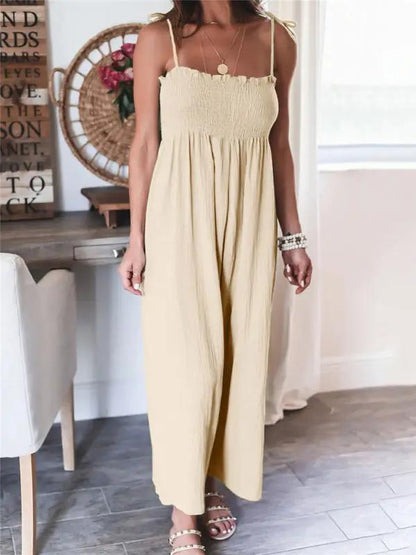 Ärmelloser, gesmokter Jumpsuit mit hoher Taille und Hosenträgern für Damen in Volltonfarbe 