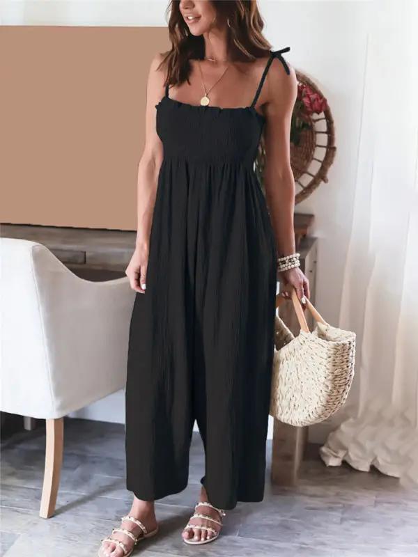 Ärmelloser, gesmokter Jumpsuit mit hoher Taille und Hosenträgern für Damen in Volltonfarbe 