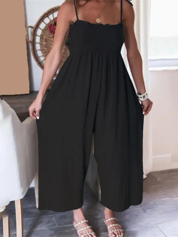 Ärmelloser, gesmokter Jumpsuit mit hoher Taille und Hosenträgern für Damen in Volltonfarbe 