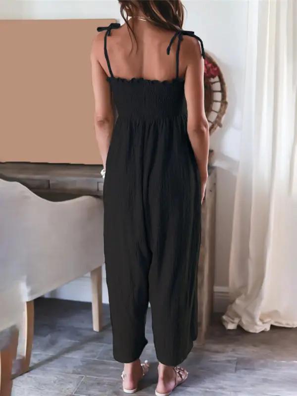 Ärmelloser, gesmokter Jumpsuit mit hoher Taille und Hosenträgern für Damen in Volltonfarbe 