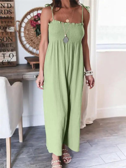 Ärmelloser, gesmokter Jumpsuit mit hoher Taille und Hosenträgern für Damen in Volltonfarbe 