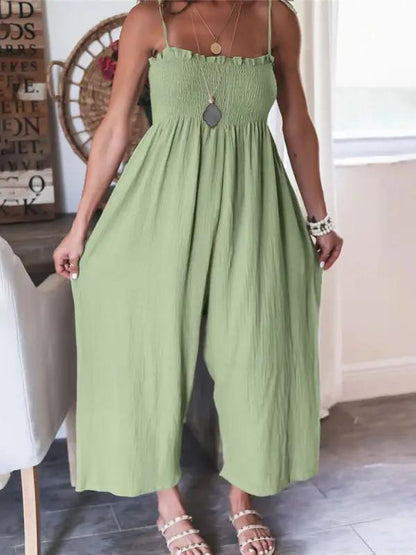 Ärmelloser, gesmokter Jumpsuit mit hoher Taille und Hosenträgern für Damen in Volltonfarbe 