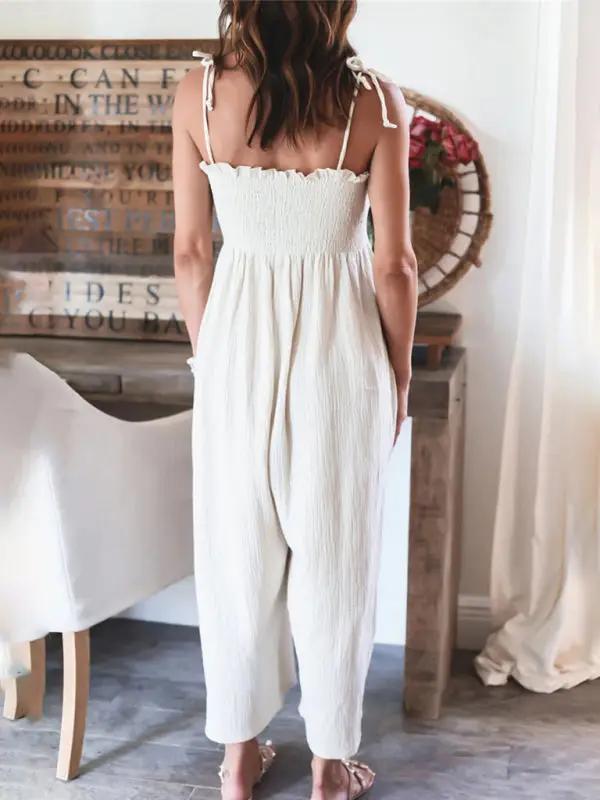 Ärmelloser, gesmokter Jumpsuit mit hoher Taille und Hosenträgern für Damen in Volltonfarbe 