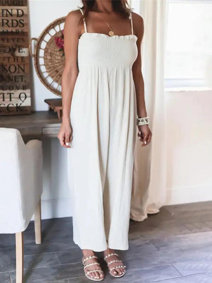 Ärmelloser, gesmokter Jumpsuit mit hoher Taille und Hosenträgern für Damen in Volltonfarbe 